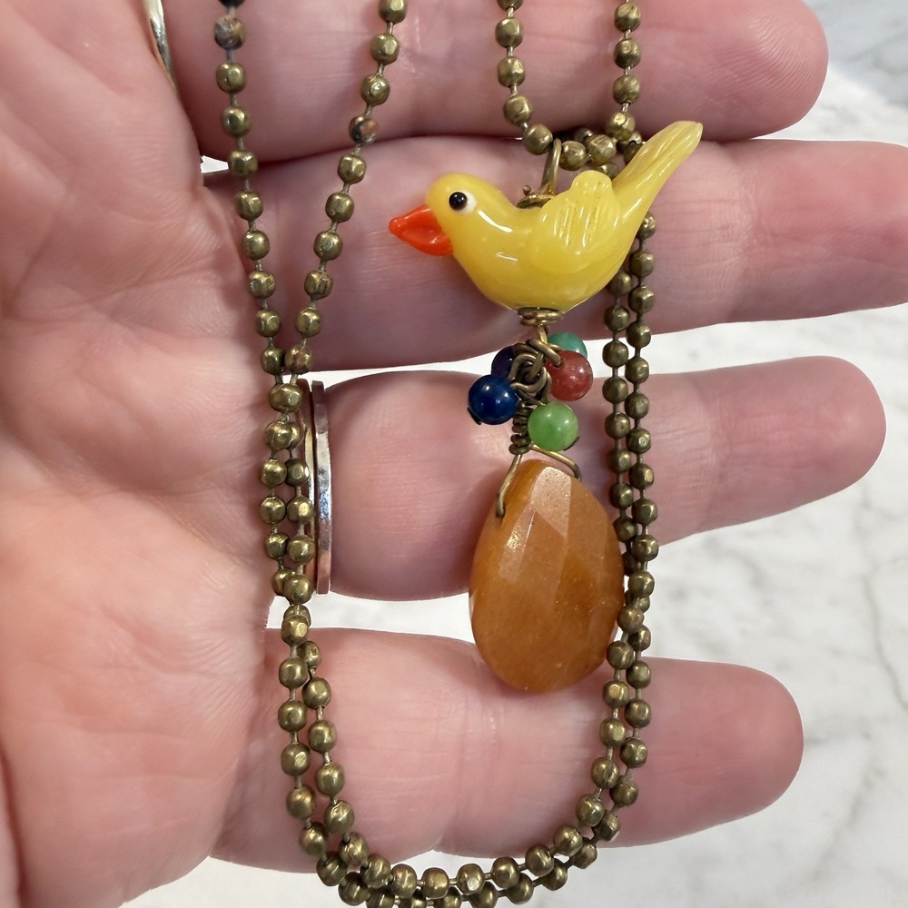 Lenora Dame Yellow Canary Glass Bird Beaded Bronze Chain Necklace 18"